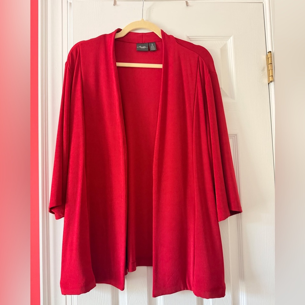 Travelers by Chicos Red Open Front 3/4 Sleeve Cardigan Pockets Chico’s Size 3 XL